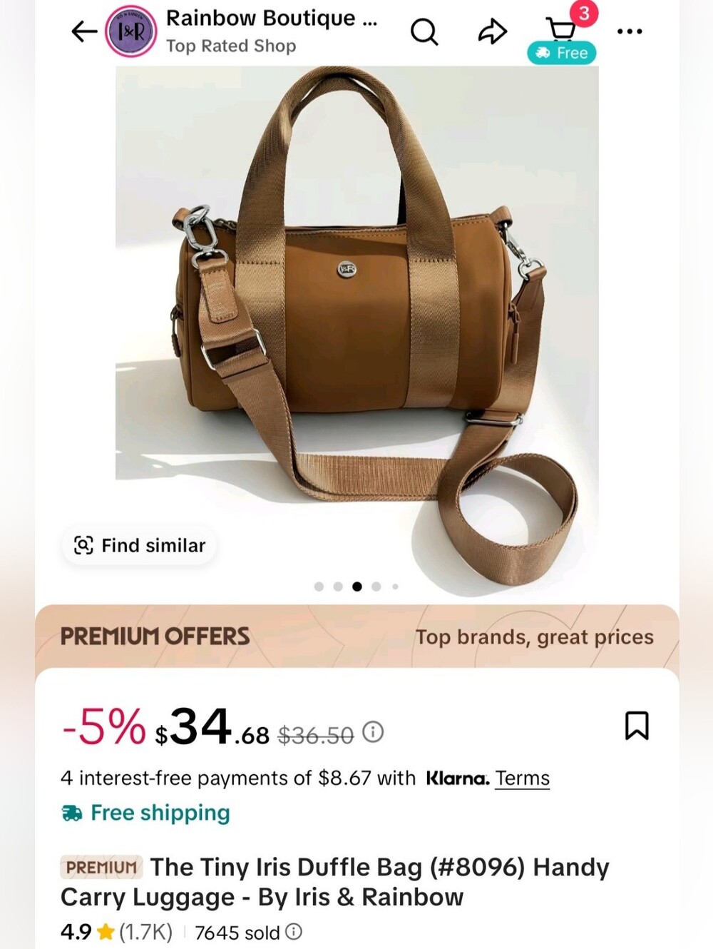Tan Tiny Iris Duffle Bag with Adjustable crossbody Strap